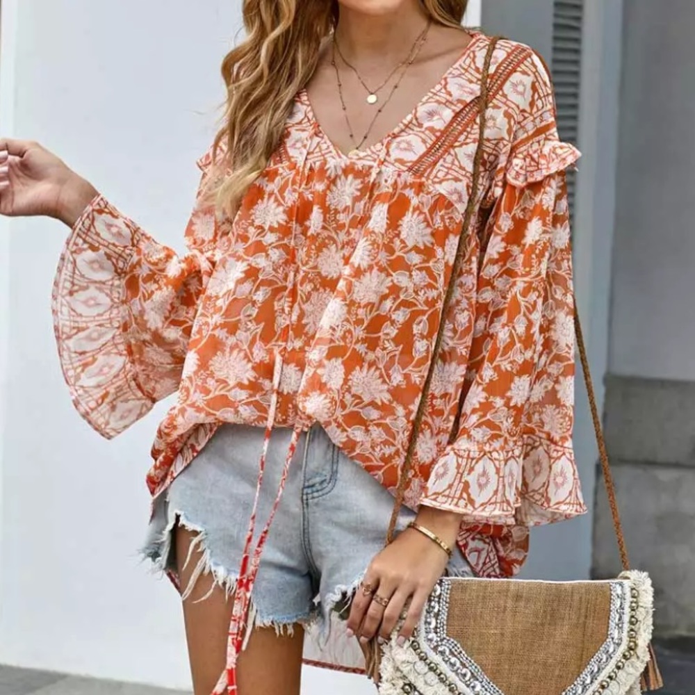SOLD OUT Boho Orange Floral Chiffon Tunic Blouse - Picture 1 of 4
